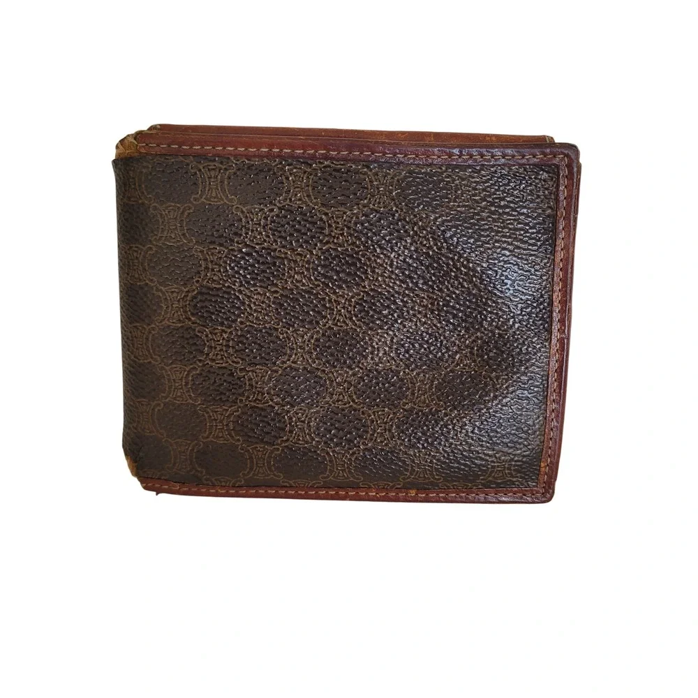 Celine Vintage Macadam Triomphe Bifold Wallet Brown Canvas Leather Italy M/96